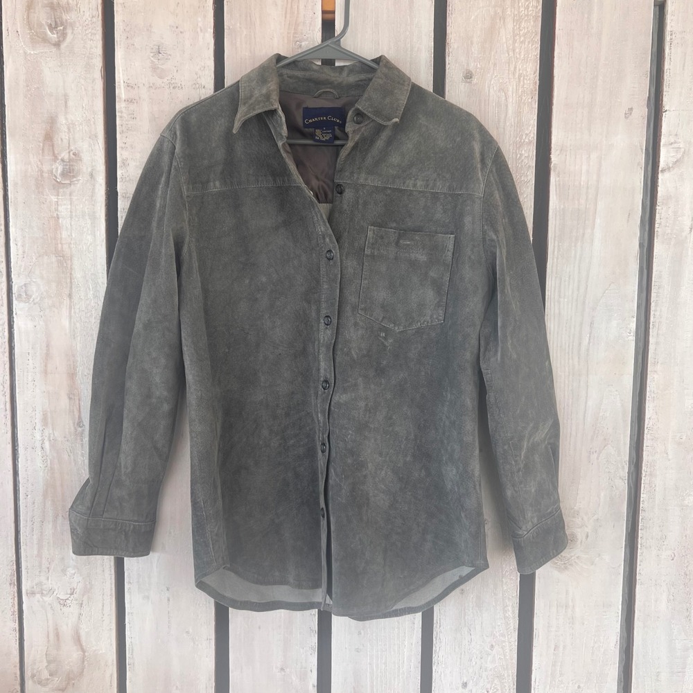 Charter Club Suede Leather Shirt Womens Small Grey Good Button Down Pocket